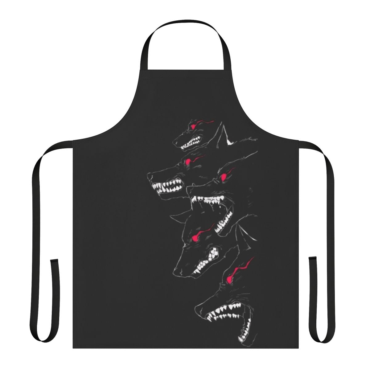 A black cooking apron featuring a wolf design, perfect for the kitchen or household chores.