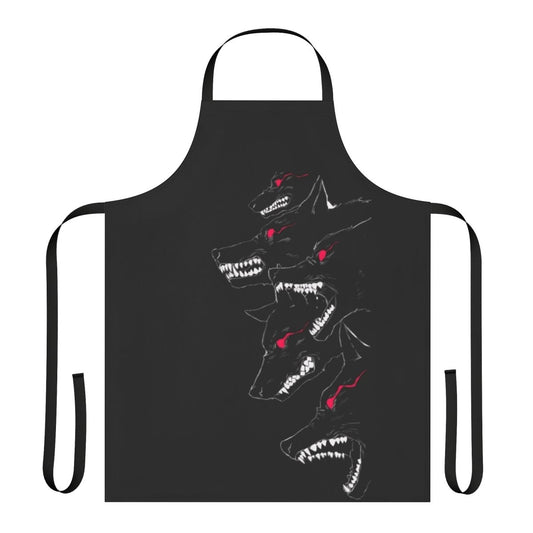 A black cooking apron featuring a wolf design, perfect for the kitchen or household chores.