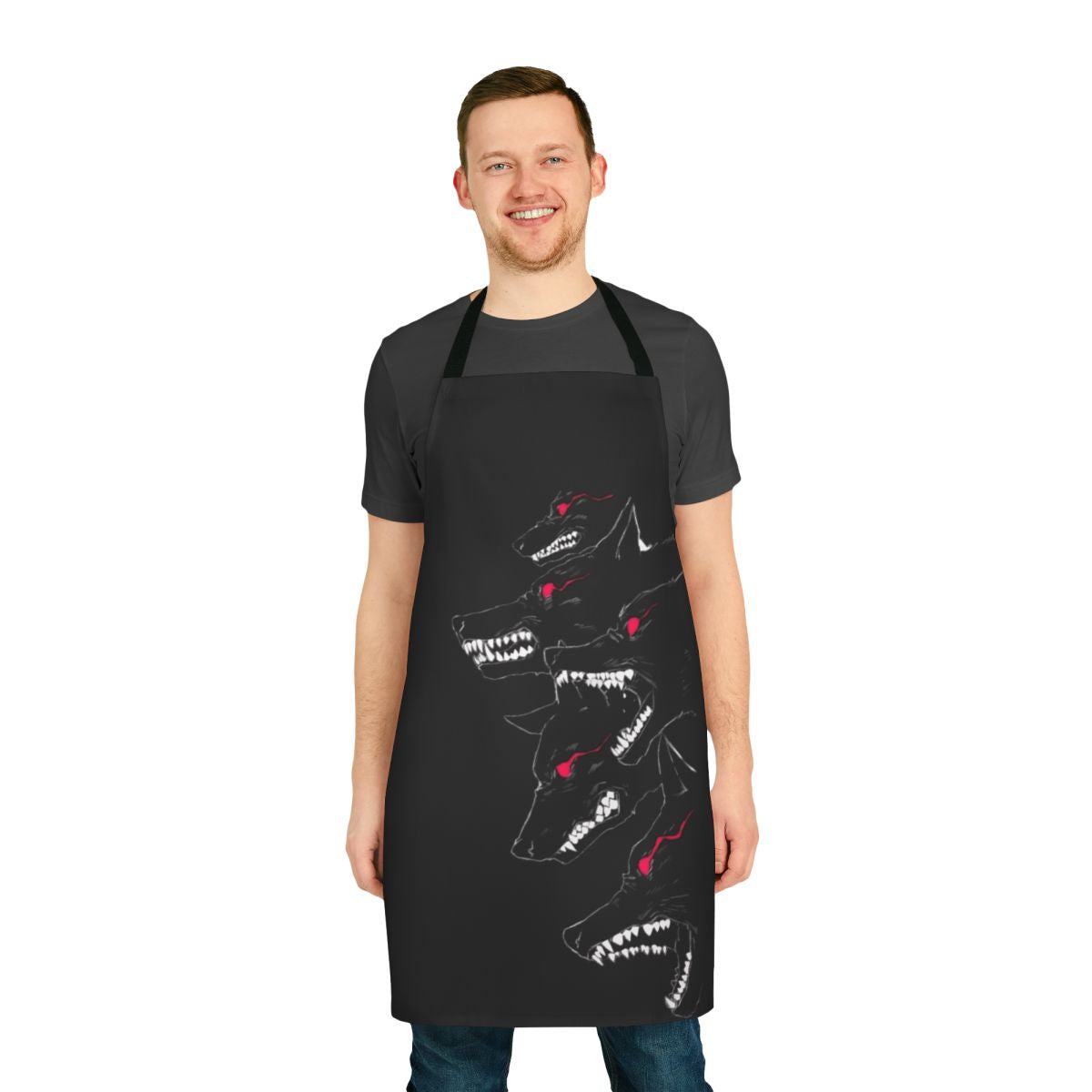 A black cooking apron featuring a wolf design, perfect for the kitchen or household chores.