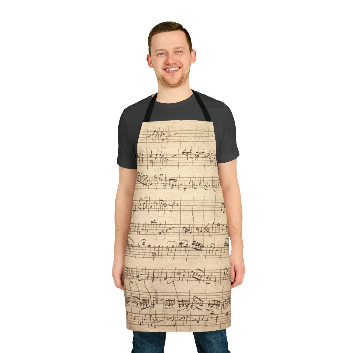 Apron featuring a classical music sheet design inspired by the works of Wolfgang Mozart