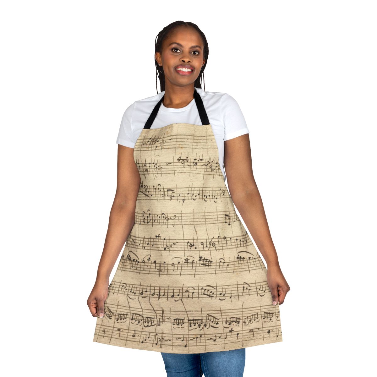 Apron featuring a classical music sheet design inspired by the works of Wolfgang Mozart