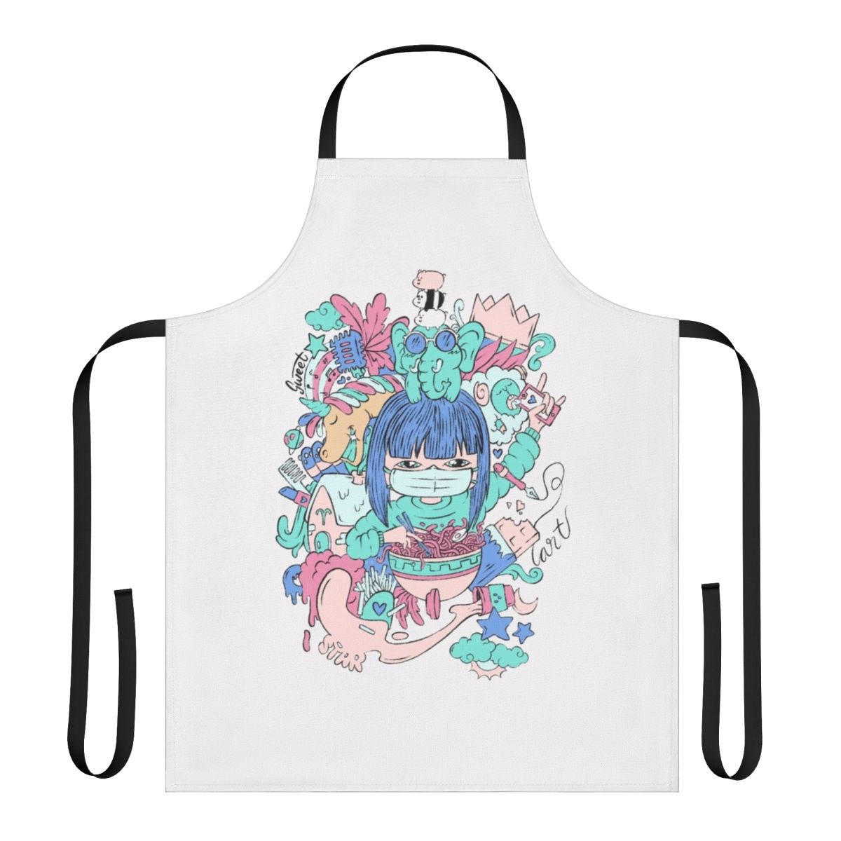 A women's apron featuring cute illustrations of bears, elephants, and unicorns, perfect for hobby enthusiasts.