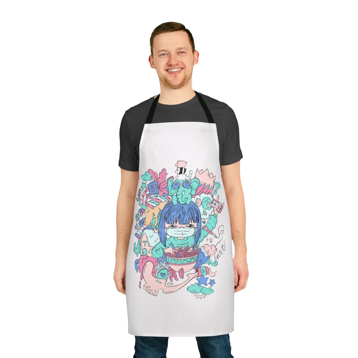 A women's apron featuring cute illustrations of bears, elephants, and unicorns, perfect for hobby enthusiasts.