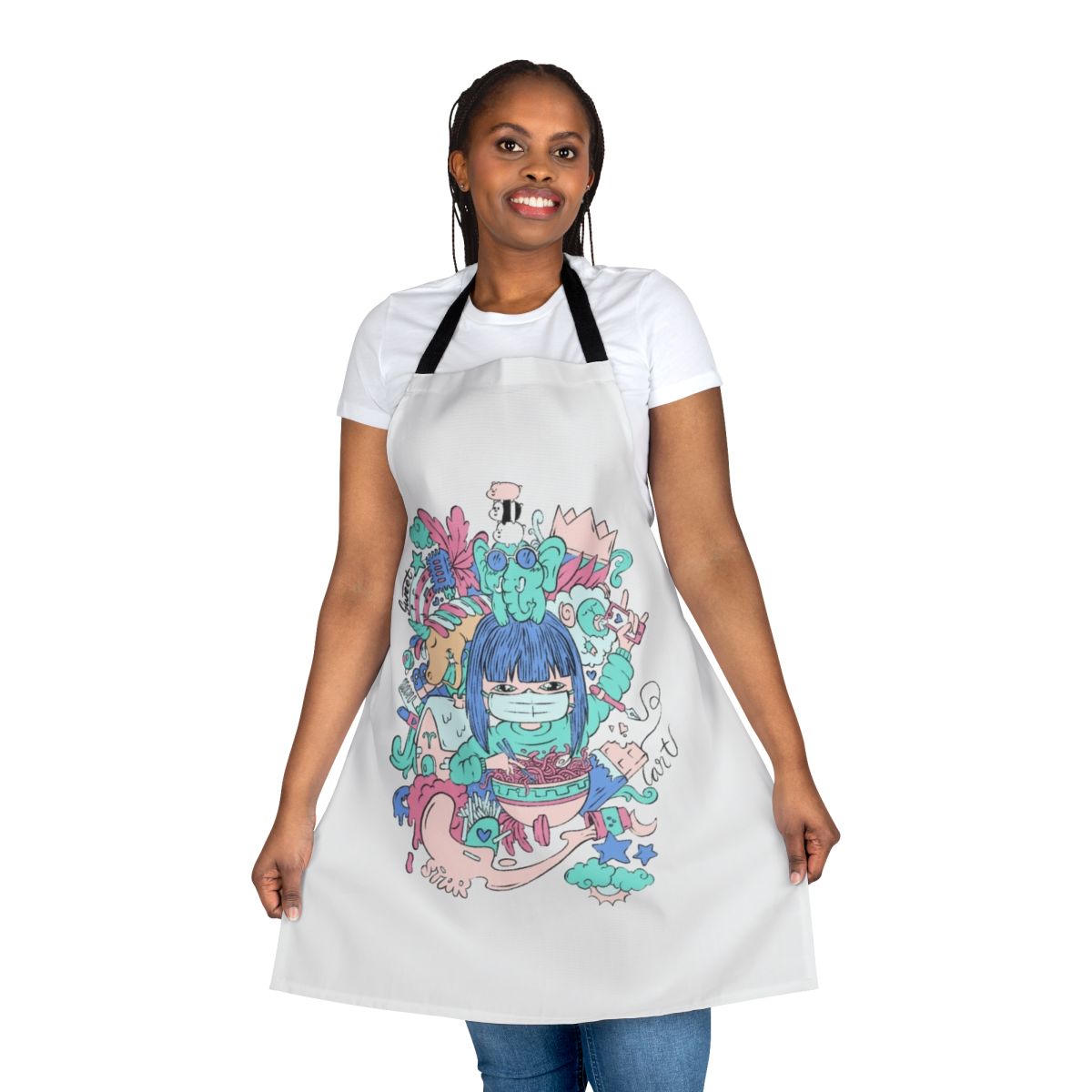 A women's apron featuring cute illustrations of bears, elephants, and unicorns, perfect for hobby enthusiasts.