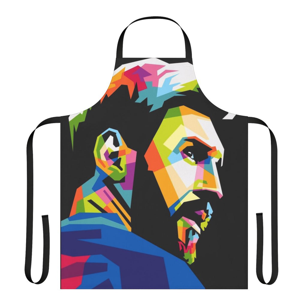 Colorful WPAP style illustration of famous football player Lionel Messi on a high-quality cooking apron