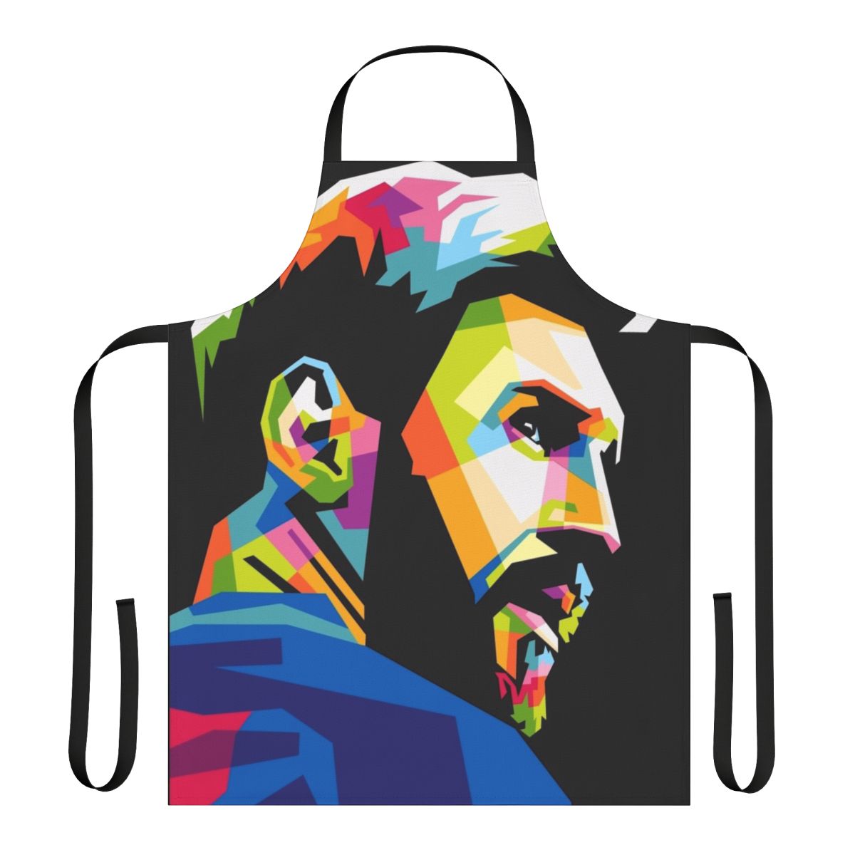 Colorful WPAP style illustration of famous football player Lionel Messi on a high-quality cooking apron