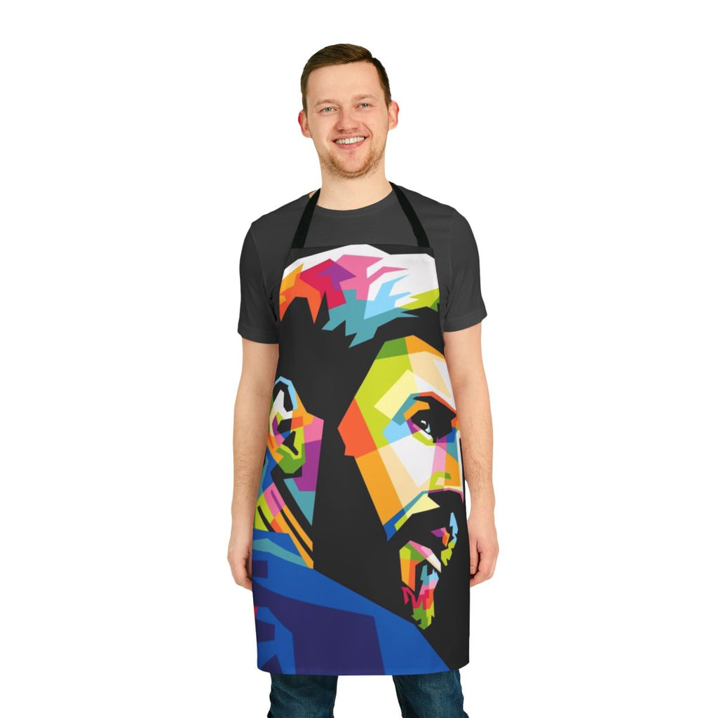 Colorful WPAP style illustration of famous football player Lionel Messi on a high-quality cooking apron