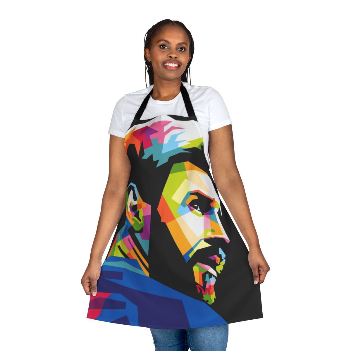 Colorful WPAP style illustration of famous football player Lionel Messi on a high-quality cooking apron