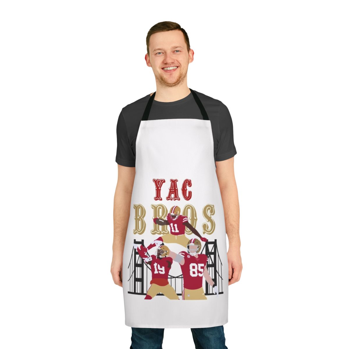 Graphic design sports apron with 49ers colors and player names