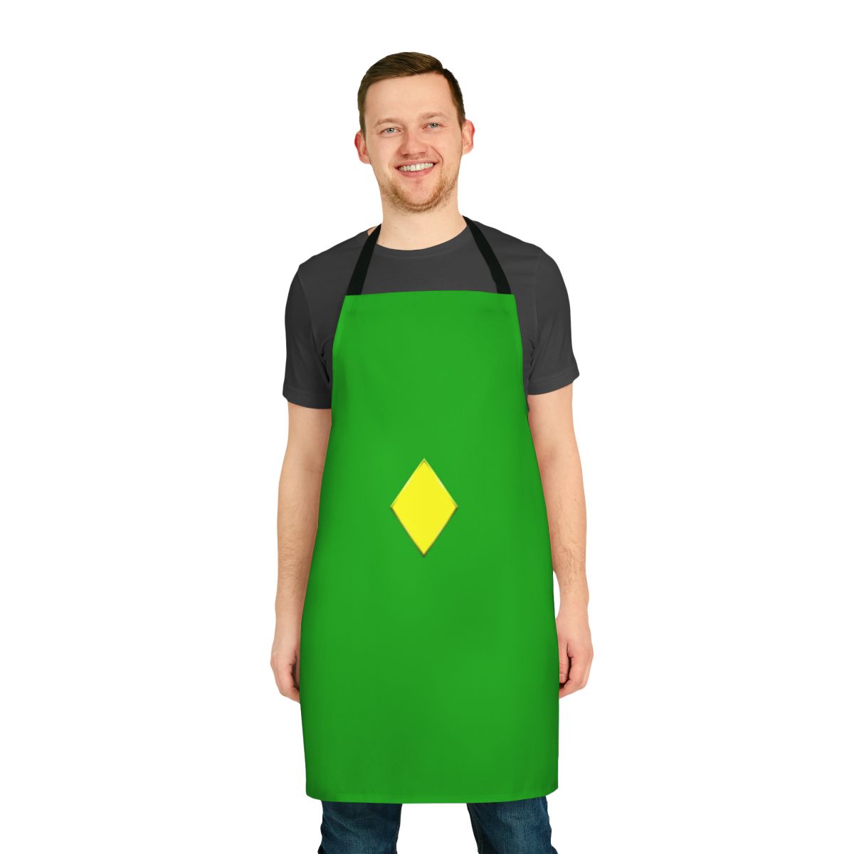 Vibrant yellow diamond-patterned apron, perfect for sci-fi and fantasy enthusiasts