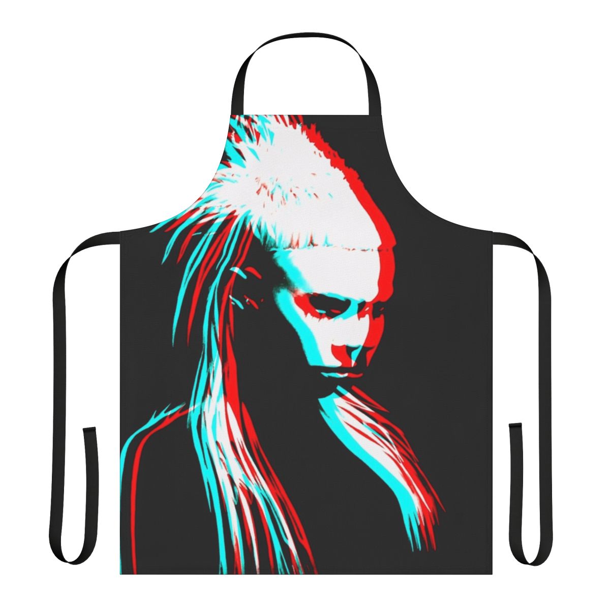 Artistic black and white portrait of Yolandi Visser, the female vocalist of the South African hip hop group Die Antwoord, on a high-quality kitchen apron.