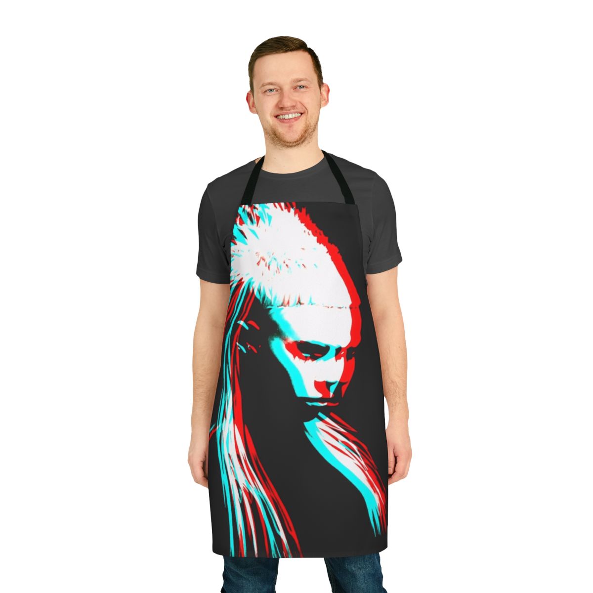 Artistic black and white portrait of Yolandi Visser, the female vocalist of the South African hip hop group Die Antwoord, on a high-quality kitchen apron.