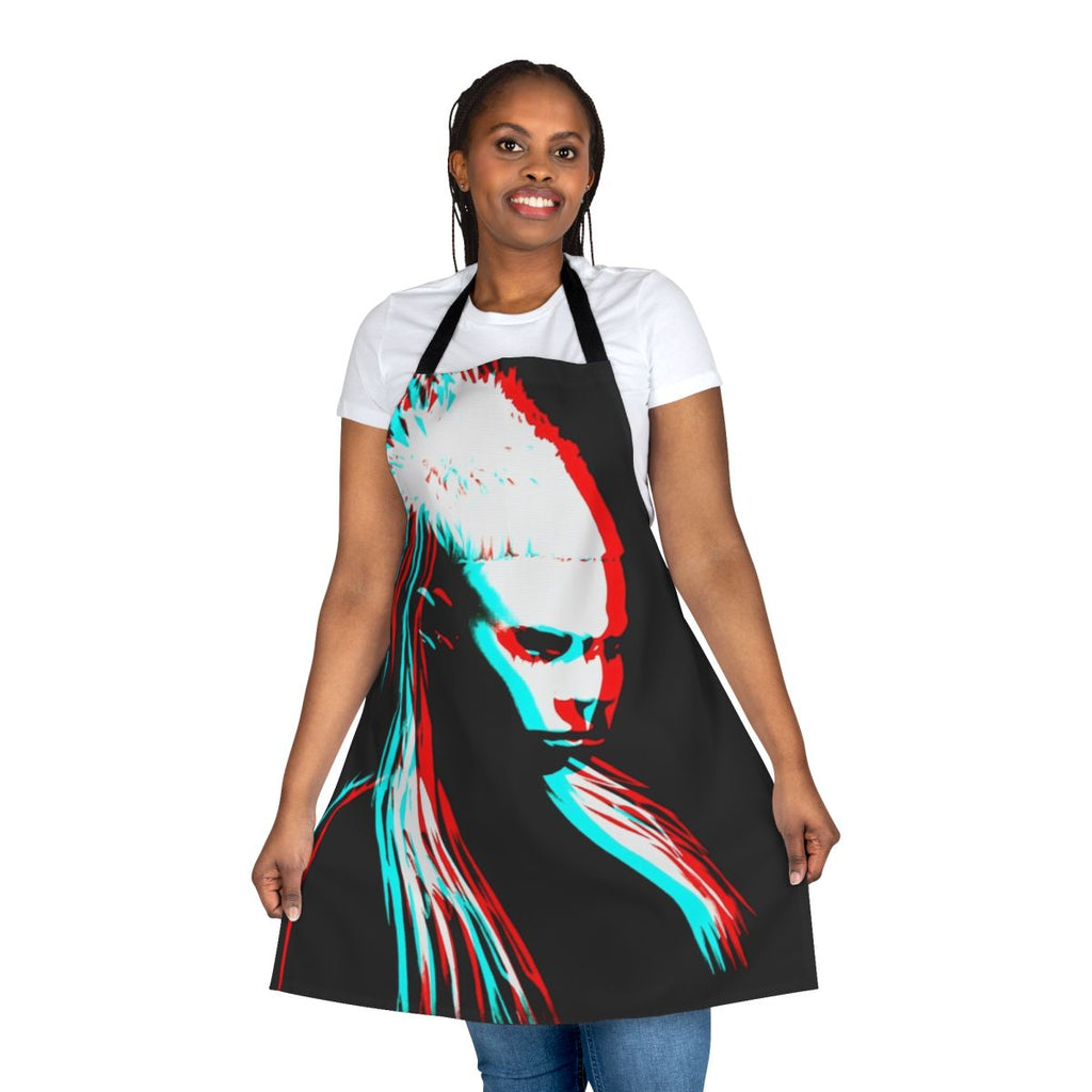 Artistic black and white portrait of Yolandi Visser, the female vocalist of the South African hip hop group Die Antwoord, on a high-quality kitchen apron.