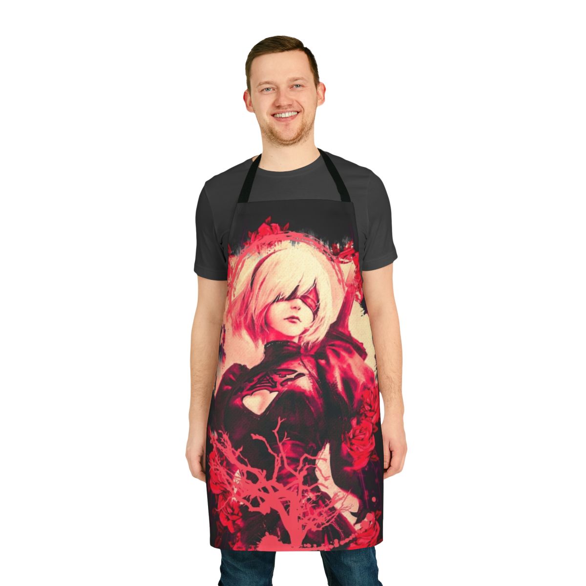 Stylized 2B inspired apron featuring anime girl robot android face design