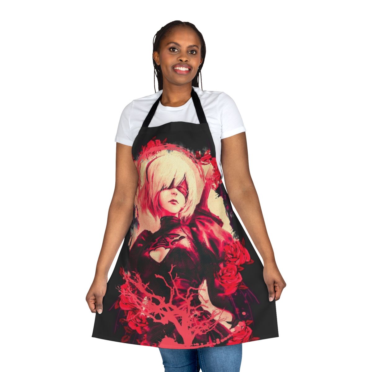 Stylized 2B inspired apron featuring anime girl robot android face design