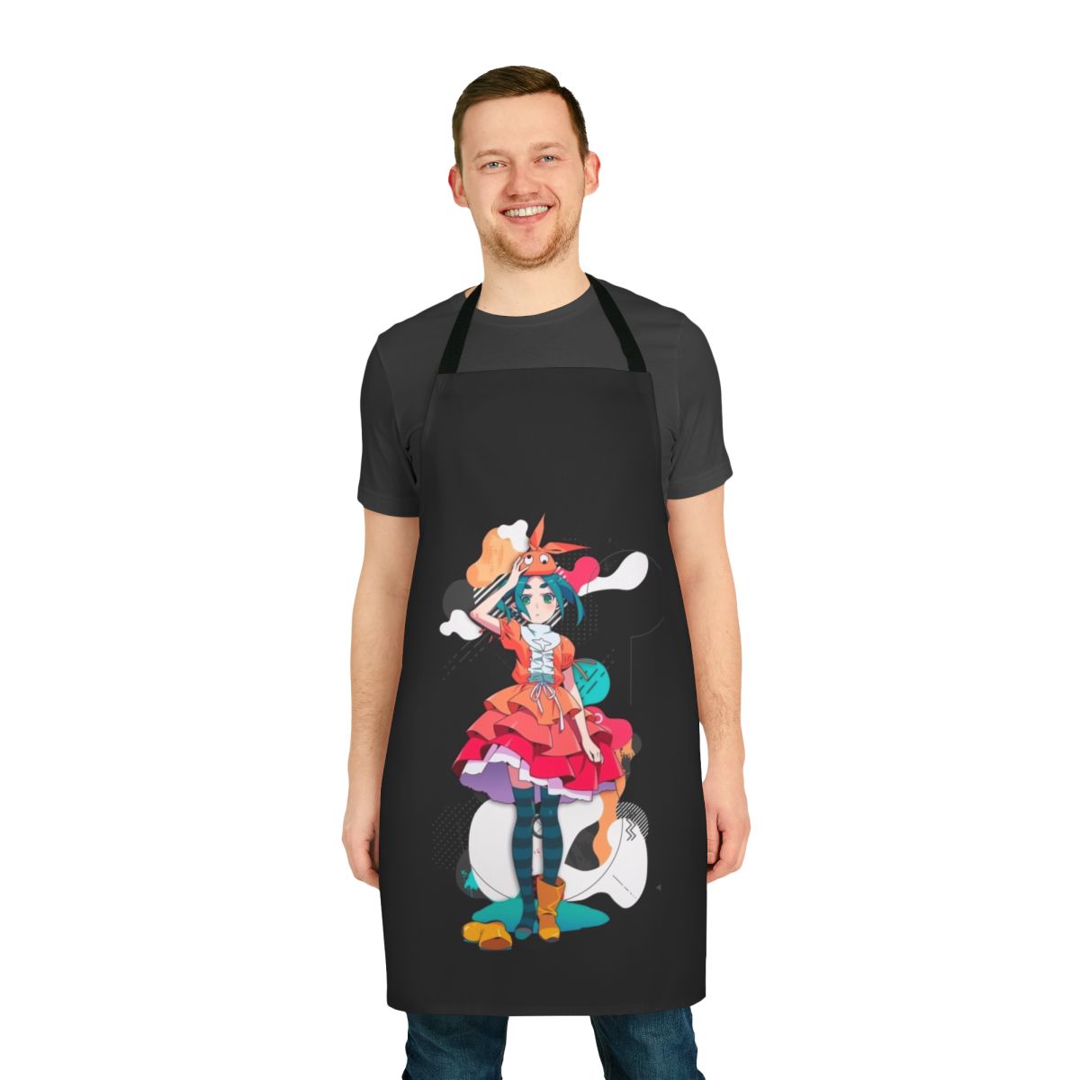 A stylized apron featuring the character Yotsugi Ononoki from the Monogatari anime series.