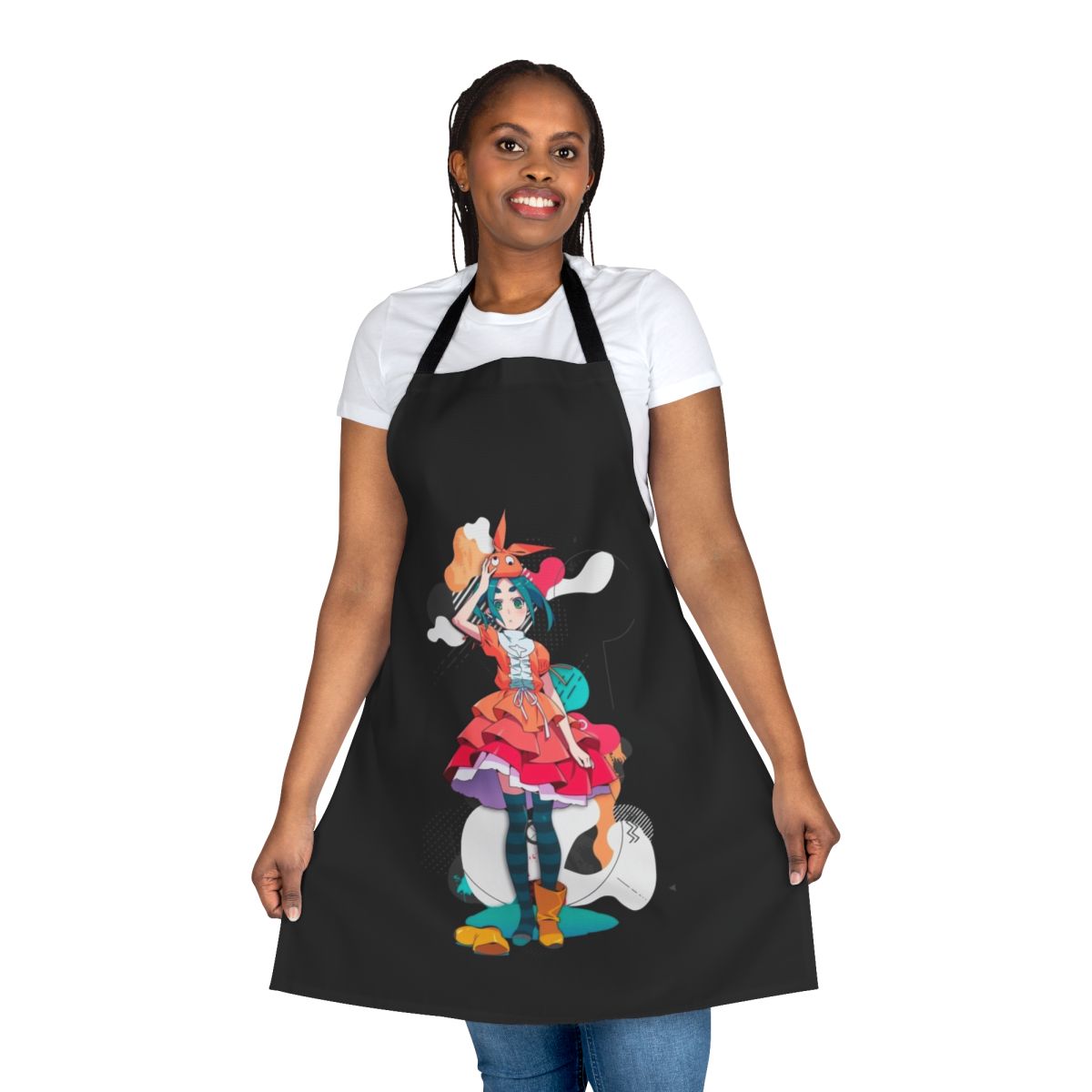 A stylized apron featuring the character Yotsugi Ononoki from the Monogatari anime series.