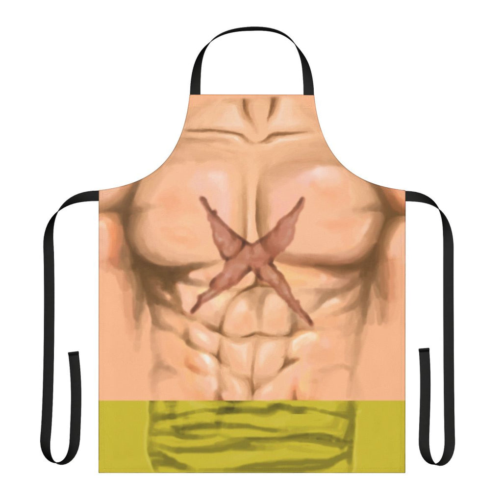 Anime-style apron with bold, colorful design featuring chest, abs, and splatter graphics
