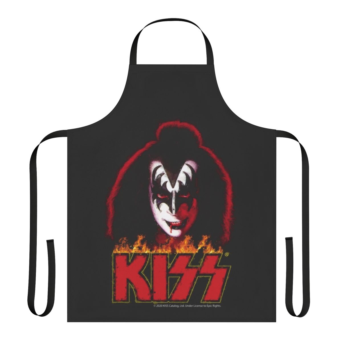 Stylized apron featuring the iconic "Demon" makeup and styling of KISS frontman Gene Simmons.