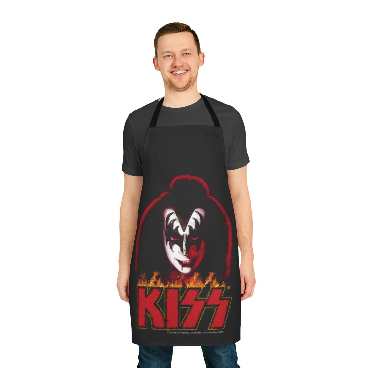Stylized apron featuring the iconic "Demon" makeup and styling of KISS frontman Gene Simmons.