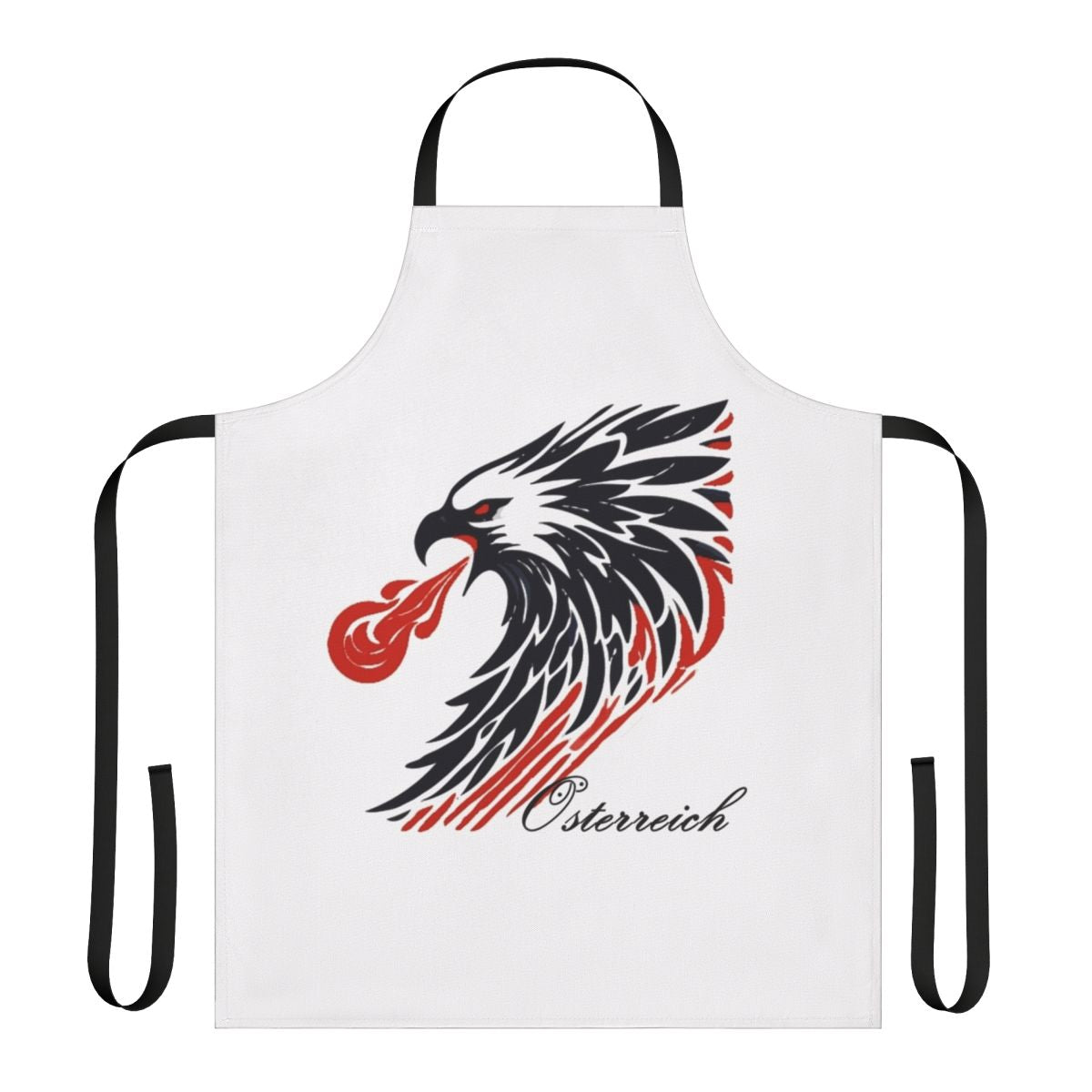 Apron featuring a stylized Austrian eagle graphic in the national colors of red and black.