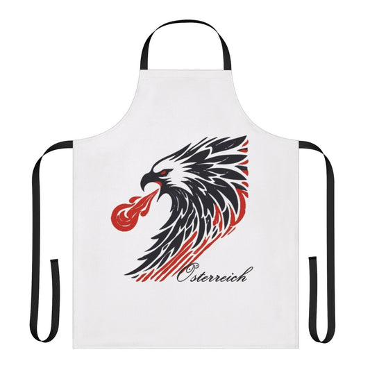 Apron featuring a stylized Austrian eagle graphic in the national colors of red and black.