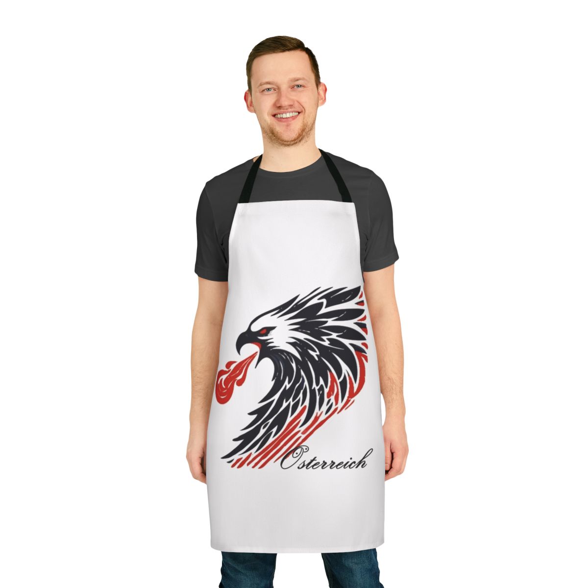 Apron featuring a stylized Austrian eagle graphic in the national colors of red and black.