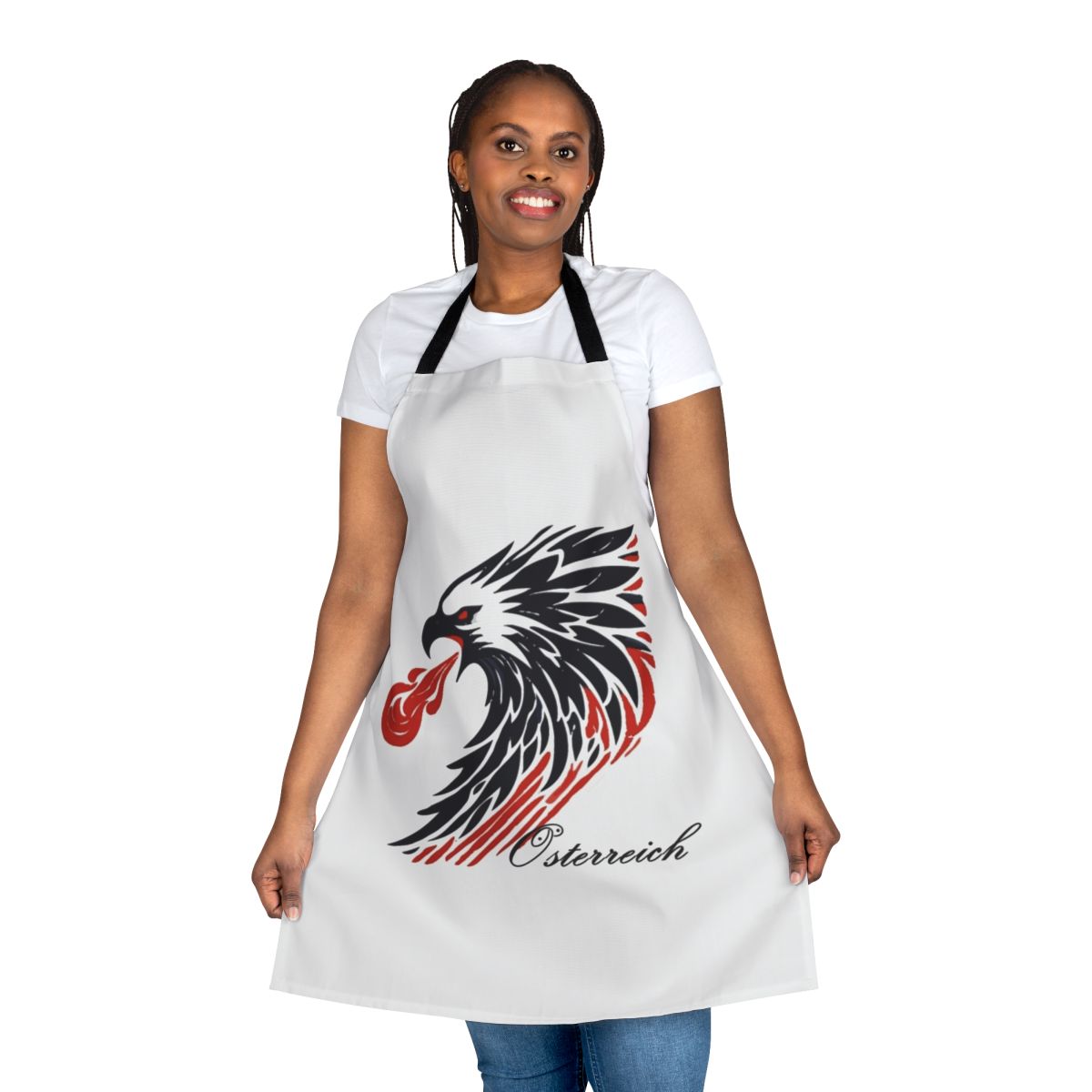 Apron featuring a stylized Austrian eagle graphic in the national colors of red and black.