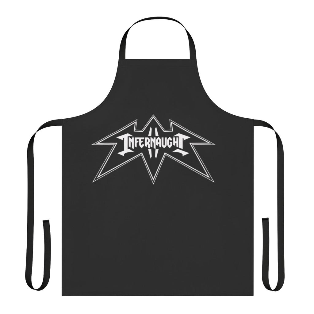 Stylized black and white apron with a metal band logo design
