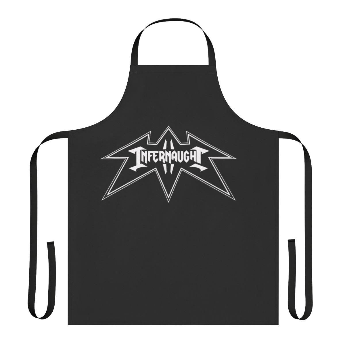 Stylized black and white apron with a metal band logo design