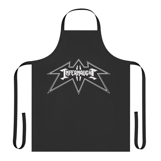 Stylized black and white apron with a metal band logo design