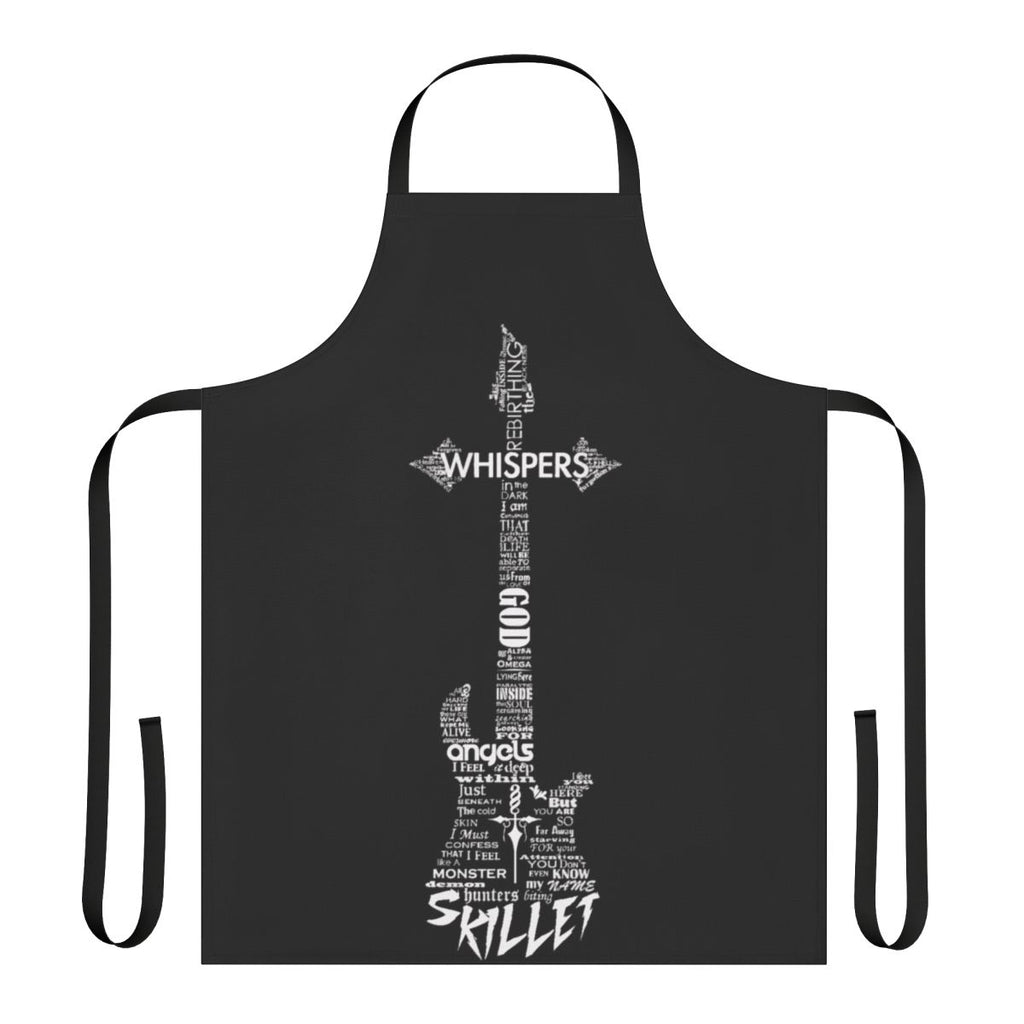 Black cooking apron with stylized guitar and text design inspired by the Christian rock band Skillet