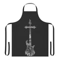 Black cooking apron with stylized guitar and text design inspired by the Christian rock band Skillet