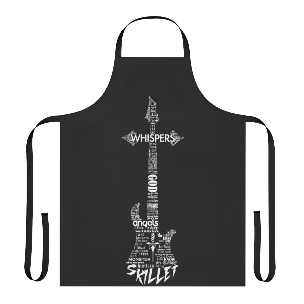 Black cooking apron with stylized guitar and text design inspired by the Christian rock band Skillet