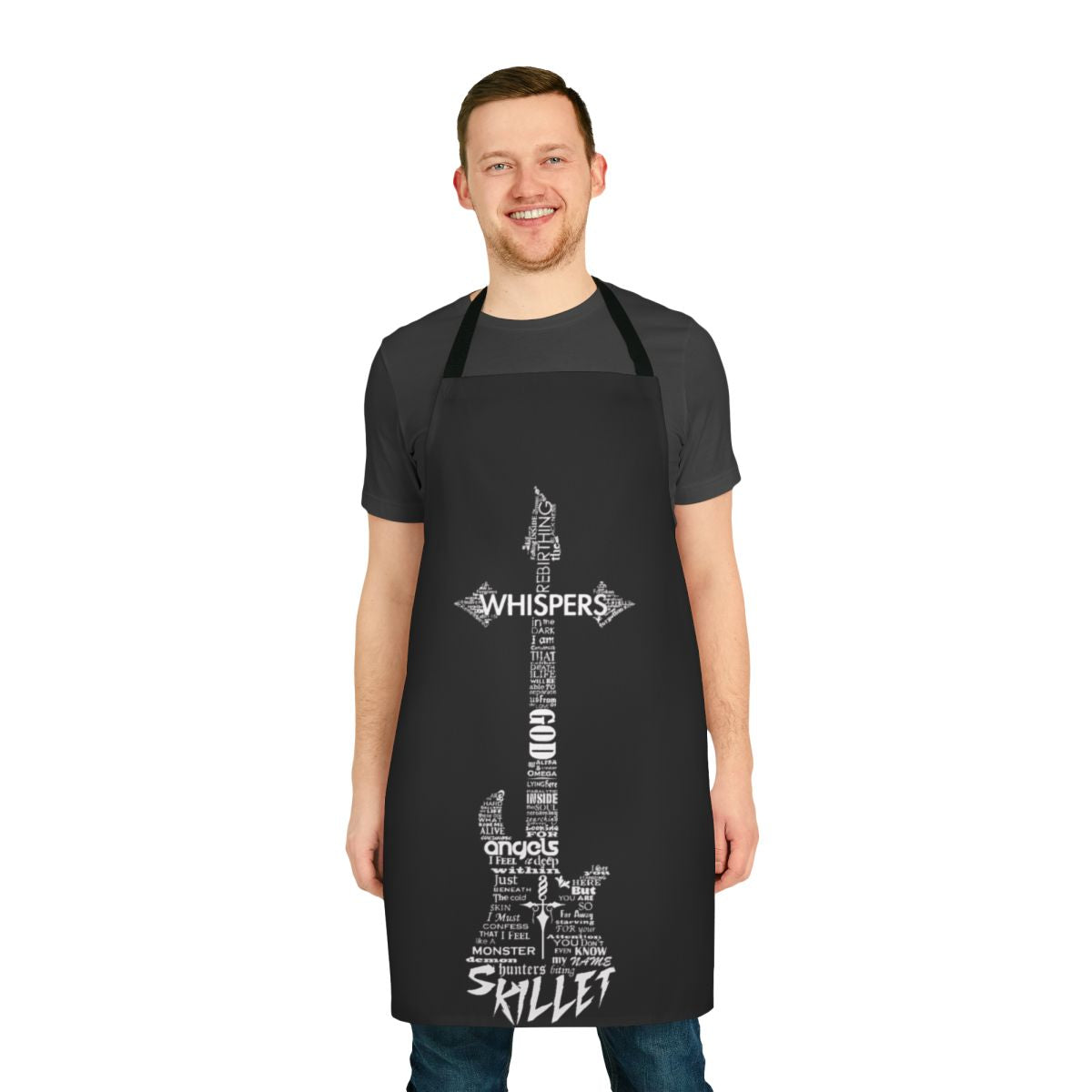 Black cooking apron with stylized guitar and text design inspired by the Christian rock band Skillet