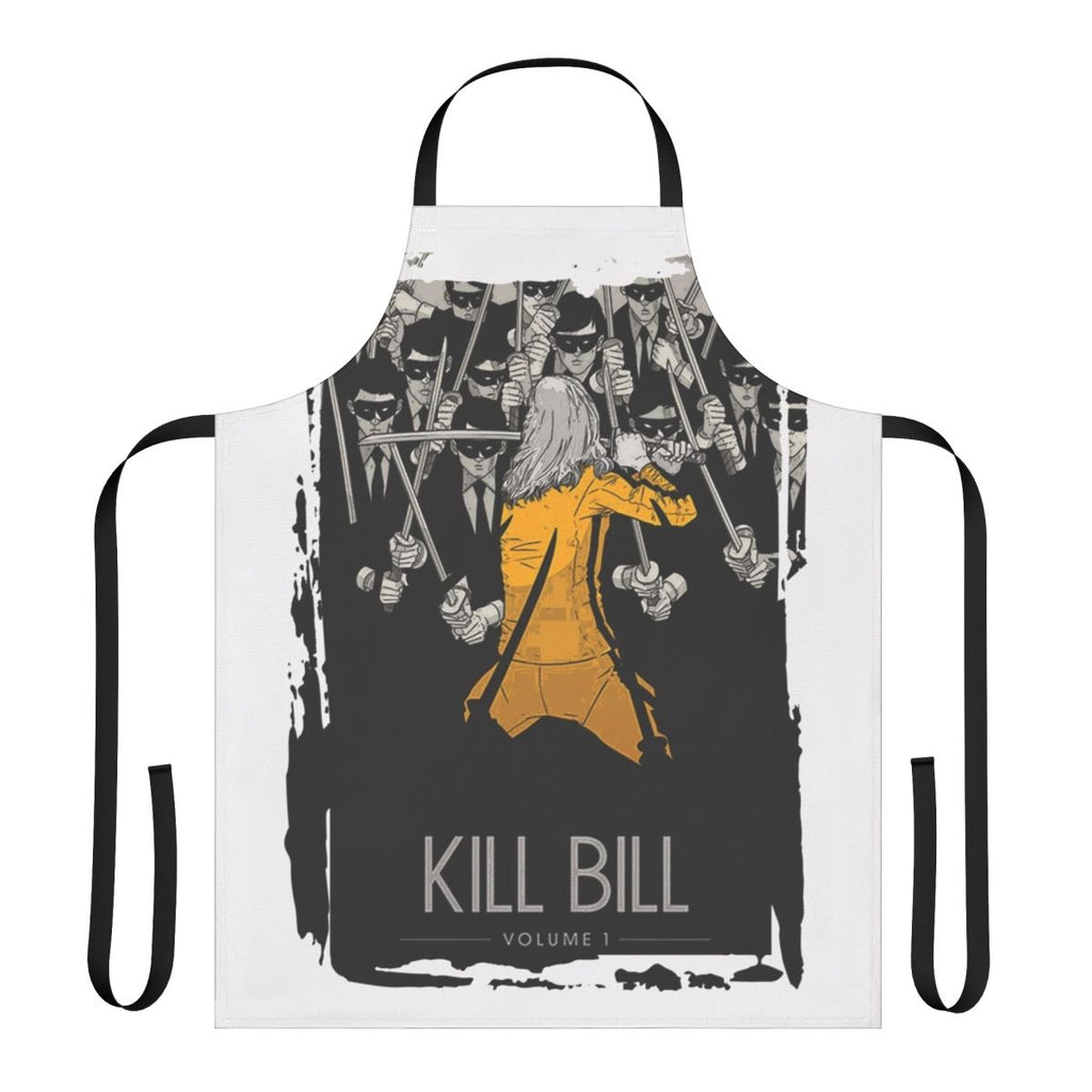Monochrome apron with a bold, stylized design inspired by the Tarantino film "Kill Bill"