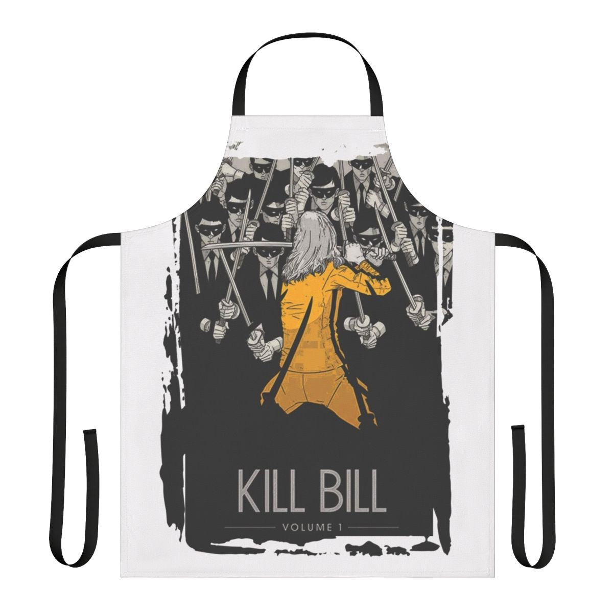 Monochrome apron with a bold, stylized design inspired by the Tarantino film "Kill Bill"