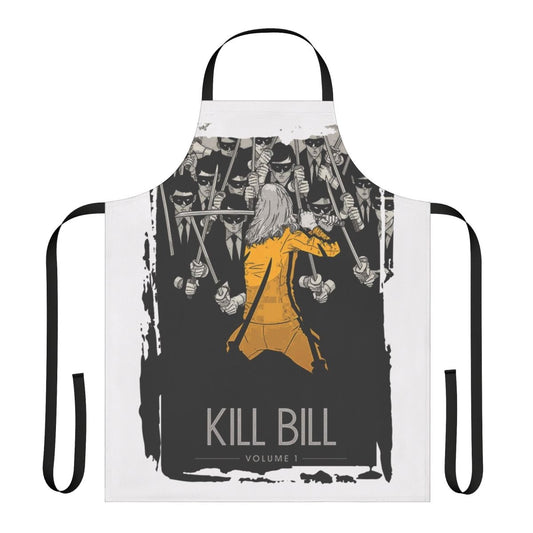 Monochrome apron with a bold, stylized design inspired by the Tarantino film "Kill Bill"