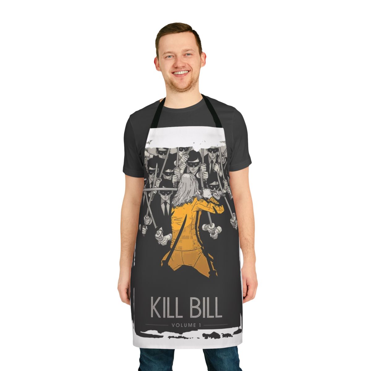 Monochrome apron with a bold, stylized design inspired by the Tarantino film "Kill Bill"
