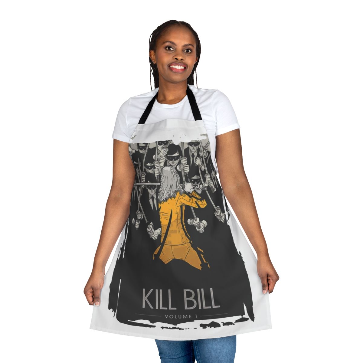 Monochrome apron with a bold, stylized design inspired by the Tarantino film "Kill Bill"