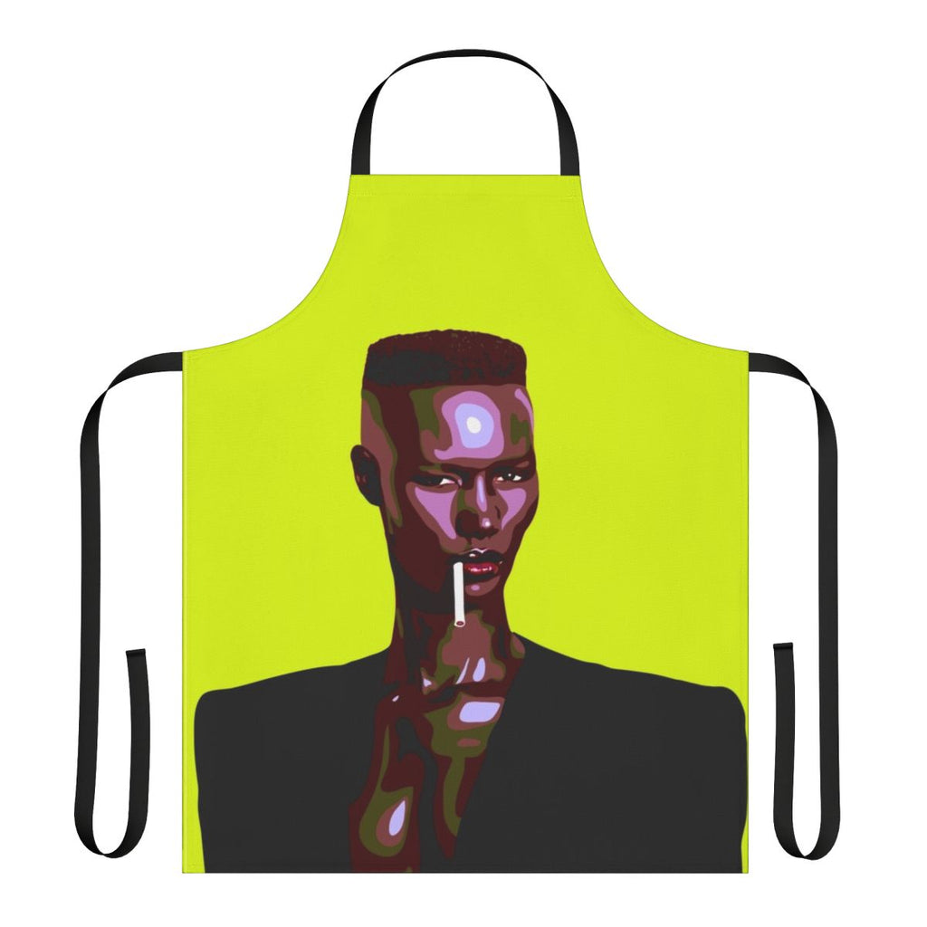 Stylized leatherette apron featuring a black and green portrait of an 80s new wave music icon
