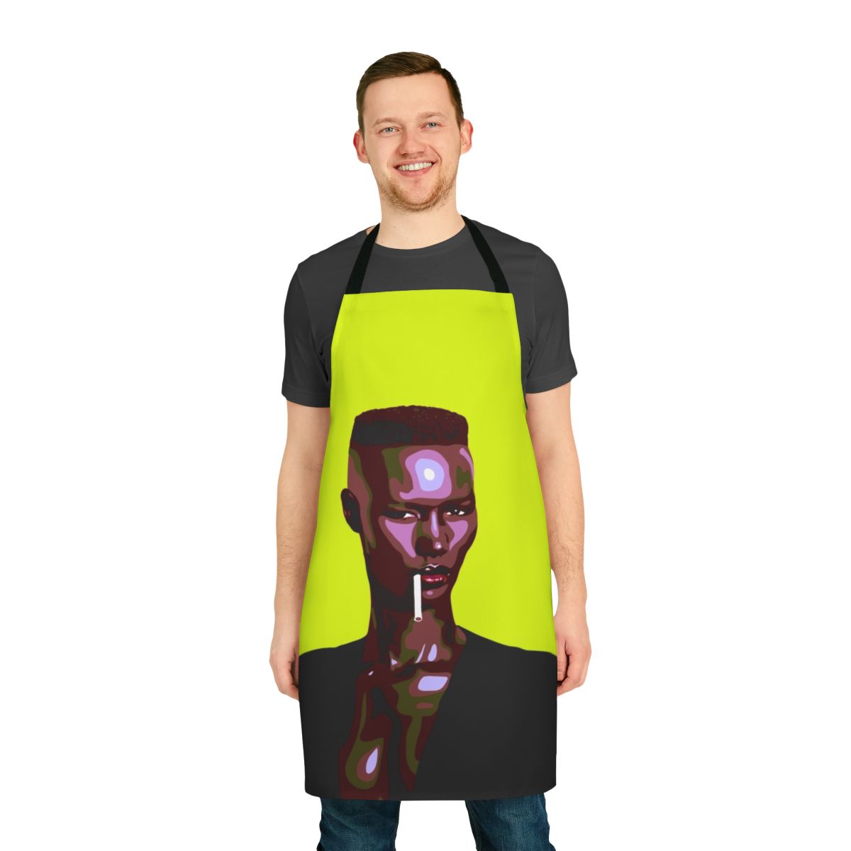 Stylized leatherette apron featuring a black and green portrait of an 80s new wave music icon