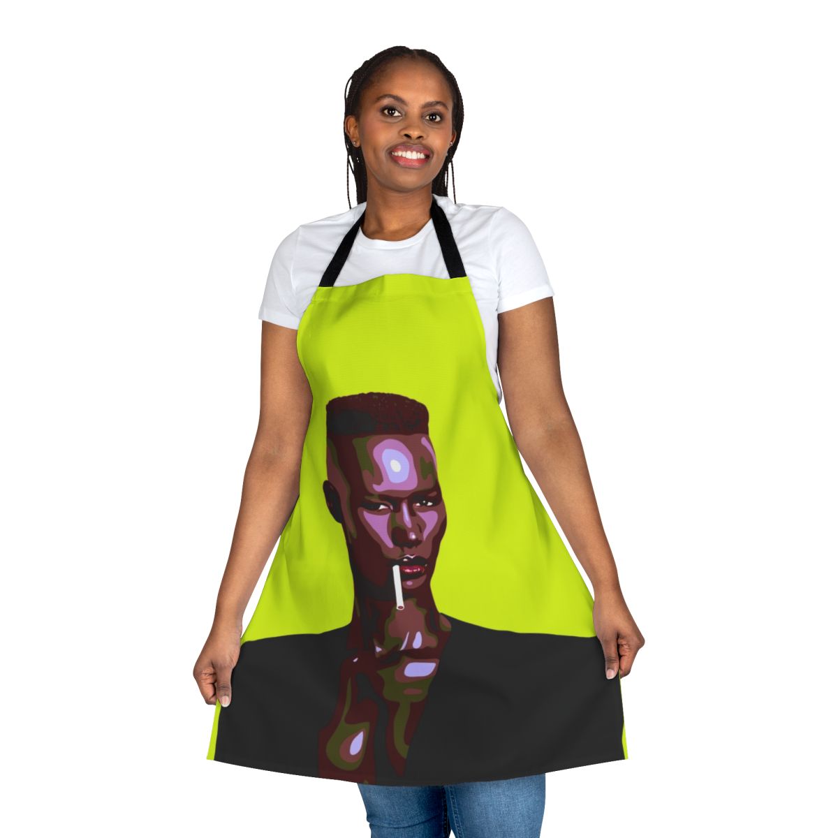 Stylized leatherette apron featuring a black and green portrait of an 80s new wave music icon