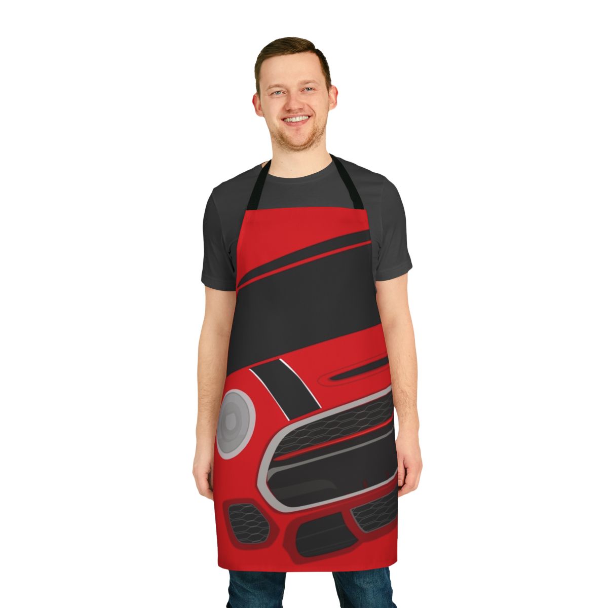 Stylized Mini Cooper inspired apron in red, blue, and white colors