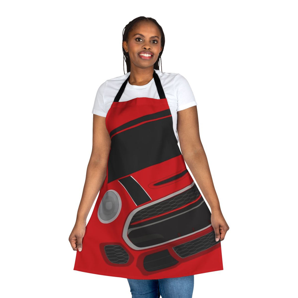 Stylized Mini Cooper inspired apron in red, blue, and white colors
