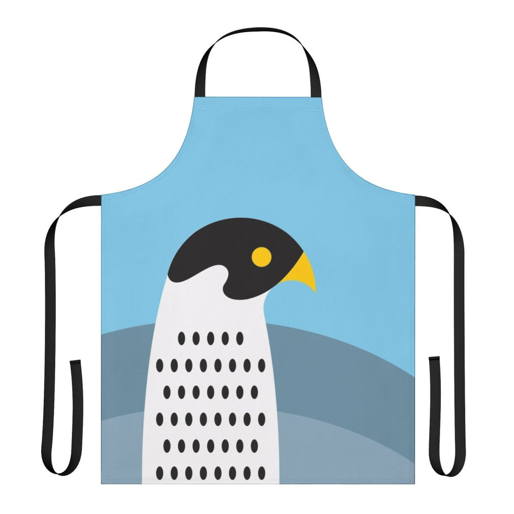 A stylized illustration of a peregrine falcon soaring against a blue sky background, featured on a modern, high-quality apron.