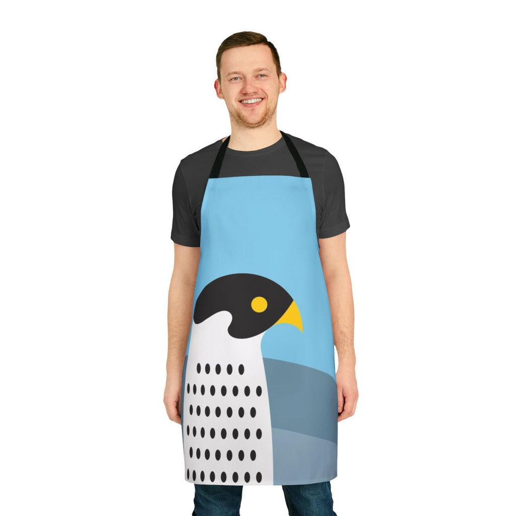 A stylized illustration of a peregrine falcon soaring against a blue sky background, featured on a modern, high-quality apron.