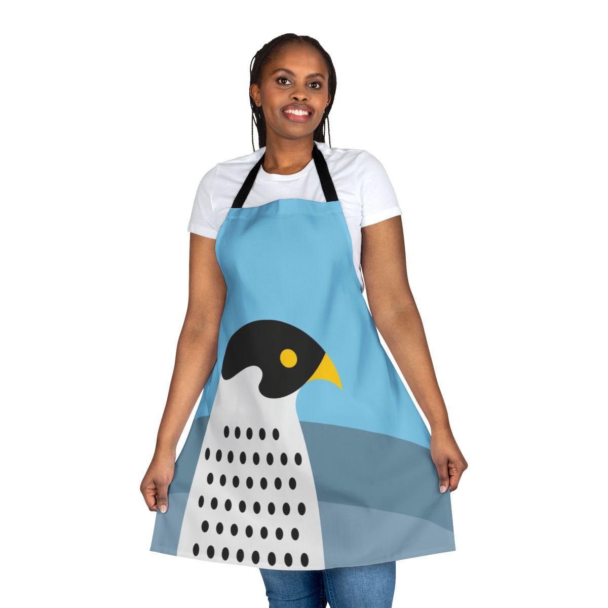 A stylized illustration of a peregrine falcon soaring against a blue sky background, featured on a modern, high-quality apron.
