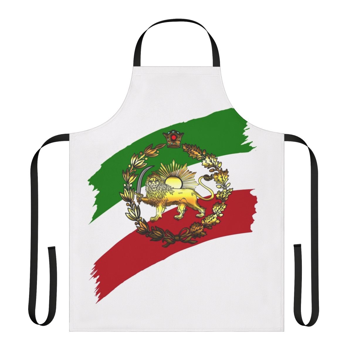Apron featuring a stylized design of the Iranian flag with a lion and crown, representing the Pahlavi dynasty.