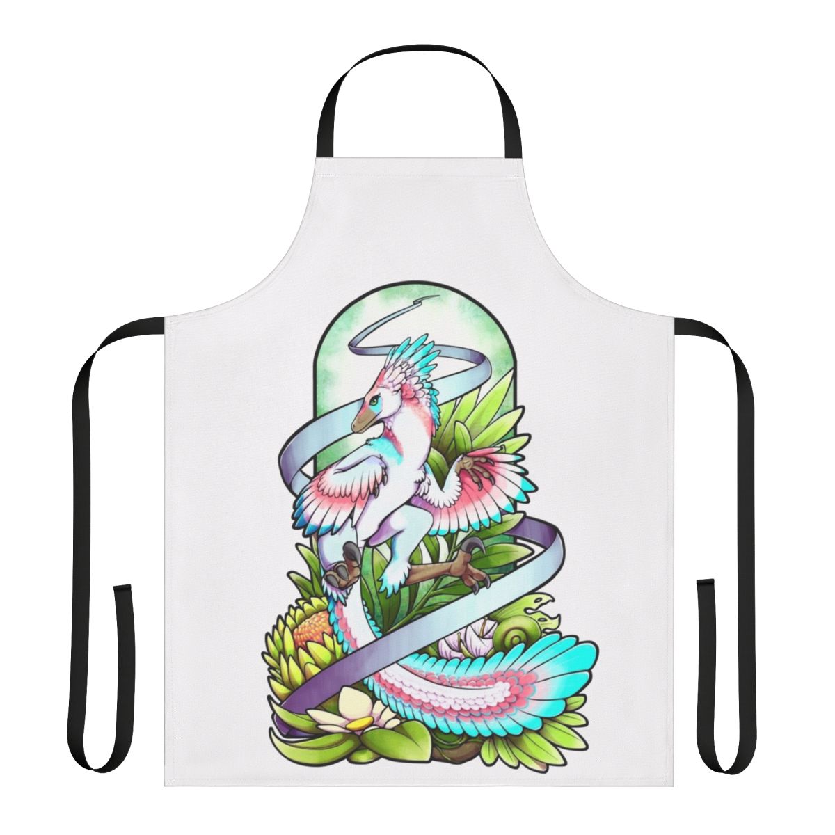 Stylized apron featuring a raptor-inspired design with leaf and ribbon motifs